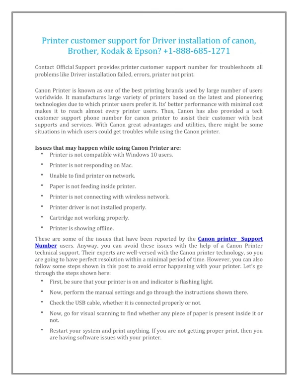 Printer customer support for Driver installation of canon, Brother, Kodak & Epson? 1-888-685-1271