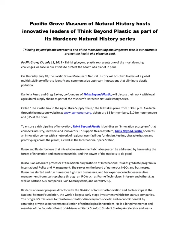 Pacific Grove Museum of Natural History hosts innovative leaders of Think Beyond Plastic