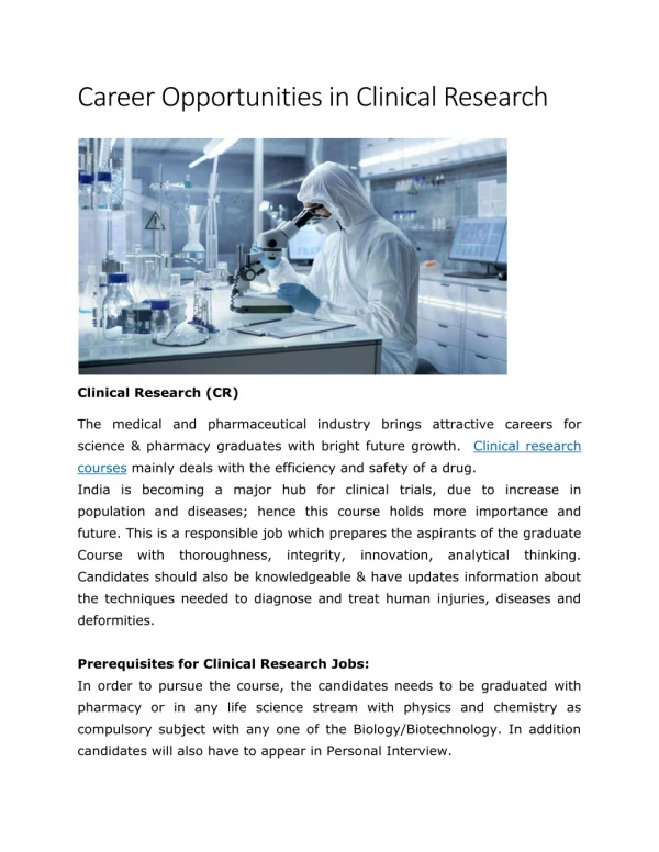 Clariwell Career Opportunities in Clinical Research