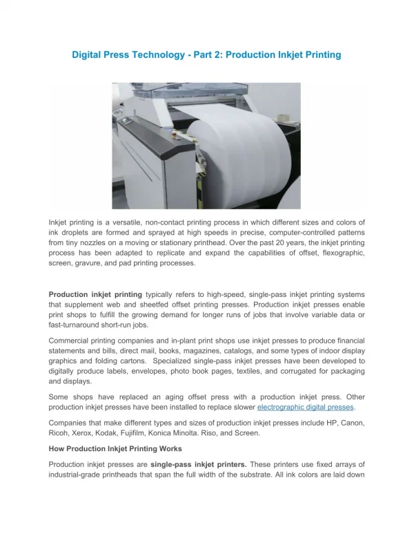 Digital Press Technology - Part 2: Production Inkjet Printing