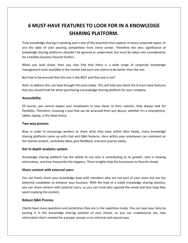 6 MUST-HAVE FEATURES TO LOOK FOR IN A KNOWLEDGE SHARING PLATFORM.