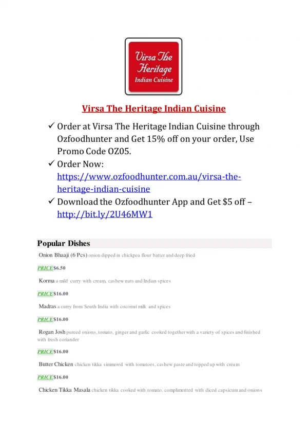 25% Off -Virsa The Heritage Indian Cuisine-Joondalup