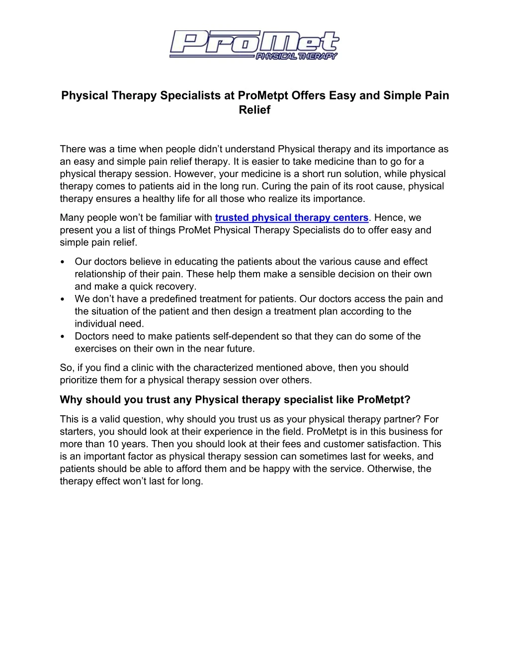 physical therapy specialists at prometpt offers