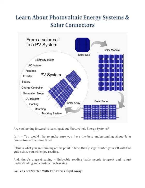 Learn About Photovoltaic Energy Systems & Solar Connectors