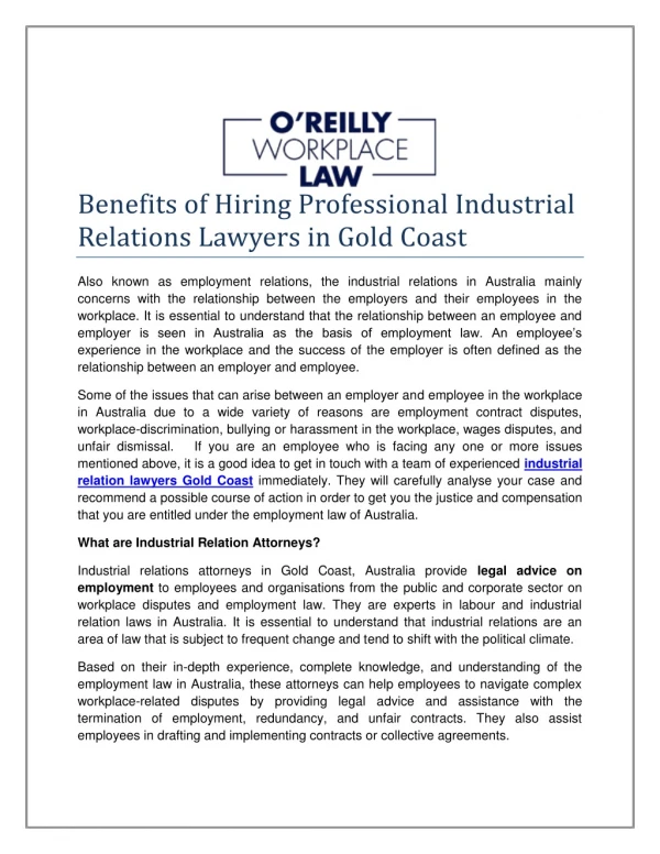 Benefits of Hiring Professional Industrial Relations Lawyers in Gold Coast