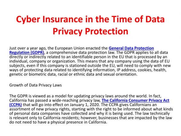 Cyber Insurance in the Time of Data Privacy Protection