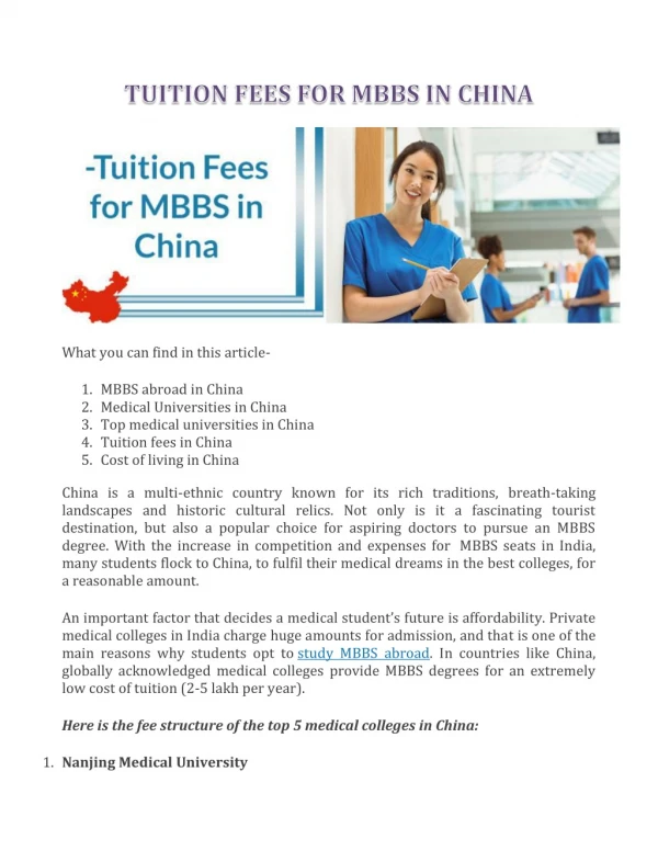 TUITION FEES FOR MBBS IN CHINA