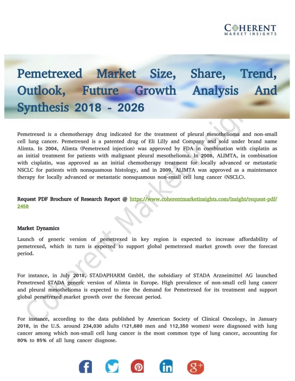 Pemetrexed Market Size Will Escalate Rapidly in the Near Future