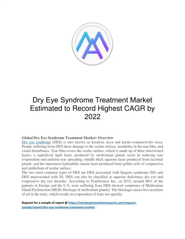 Dry Eye Syndrome Treatment Market Estimated to Record Highest CAGR by 2022