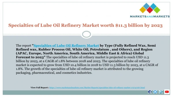 Specialties of Lube Oil Refinery Market worth $11.3 billion by 2023