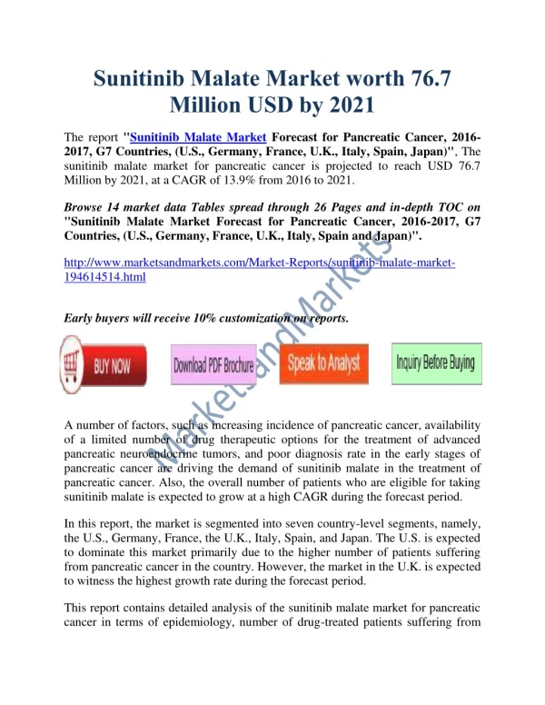 Sunitinib Malate Market worth 76.7 Million USD by 2021