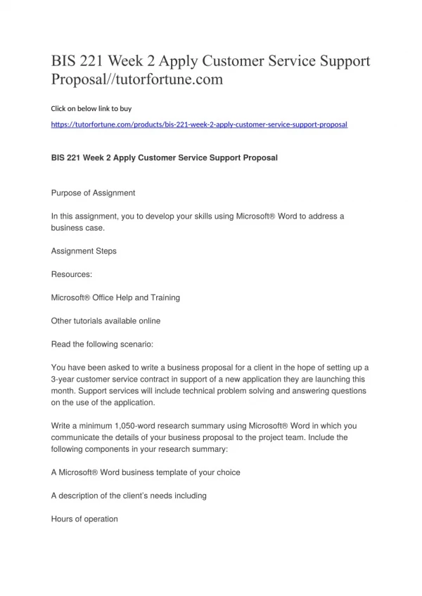 BIS 221 Week 2 Apply Customer Service Support Proposal//tutorfortune.com