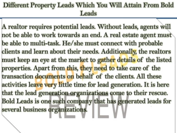 Different Property Leads Which You Will Attain From Bold Leads