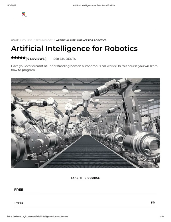 Artificial Intelligence for Robotics - Edukite