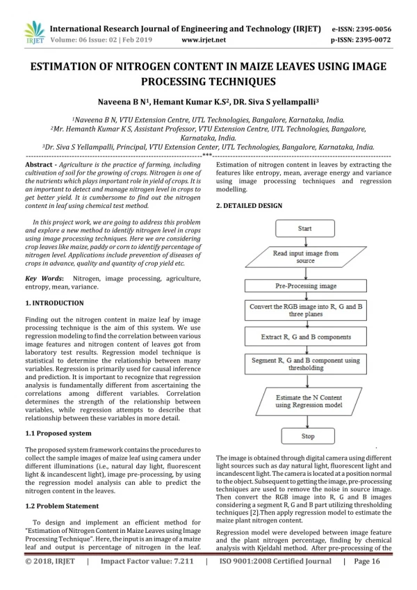 IRJET- Estimation of Nitrogen Content in Maize Leaves using Image Processing Techniques