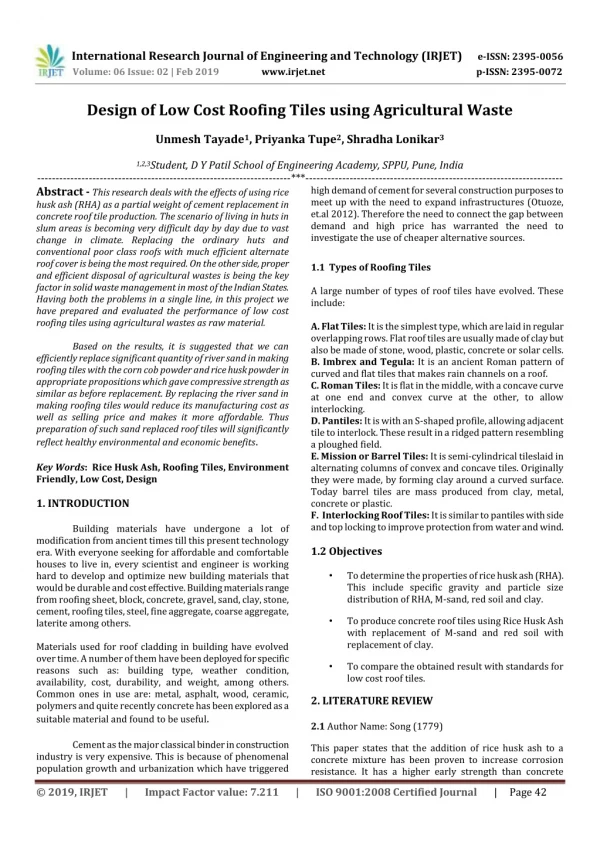 IRJET- Design of Low Cost Roofing Tiles using Agricultural Waste
