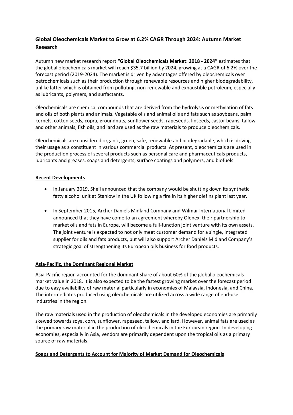 global oleochemicals market to grow at 6 2 cagr