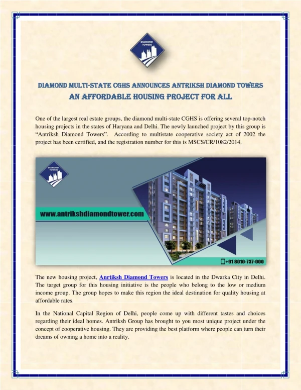 Diamond Multi-State CGHS Announces Antriksh Diamond Towers – An Affordable Housing Project For All