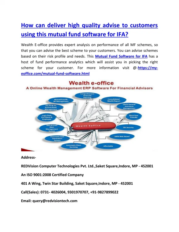 How can deliver high quality advise to customers using this mutual fund software for IFA?