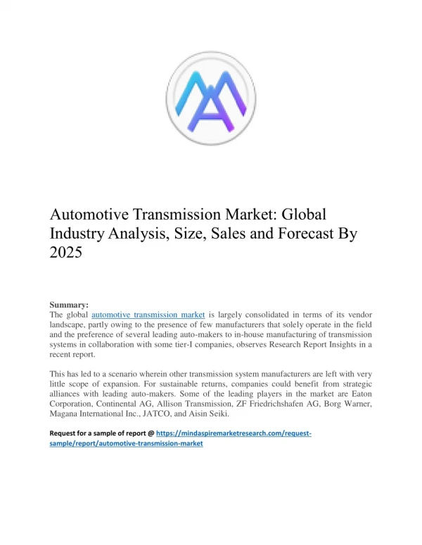 Automotive Transmission Market: Global Industry Analysis, Size, Sales and Forecast By 2025