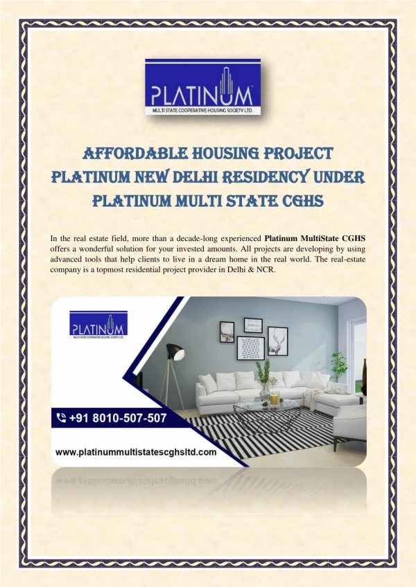 Affordable Housing Project Platinum New Delhi Residency under Platinum Multi State CGHS