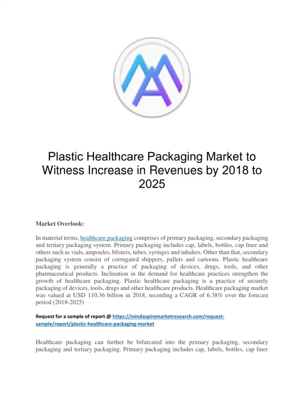 Plastic Healthcare Packaging Market to Witness Increase in Revenues by 2018 to 2025