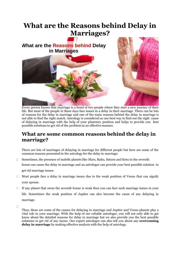 What are the Reasons behind Delay in Marriages - Late Marriage Problem Solution