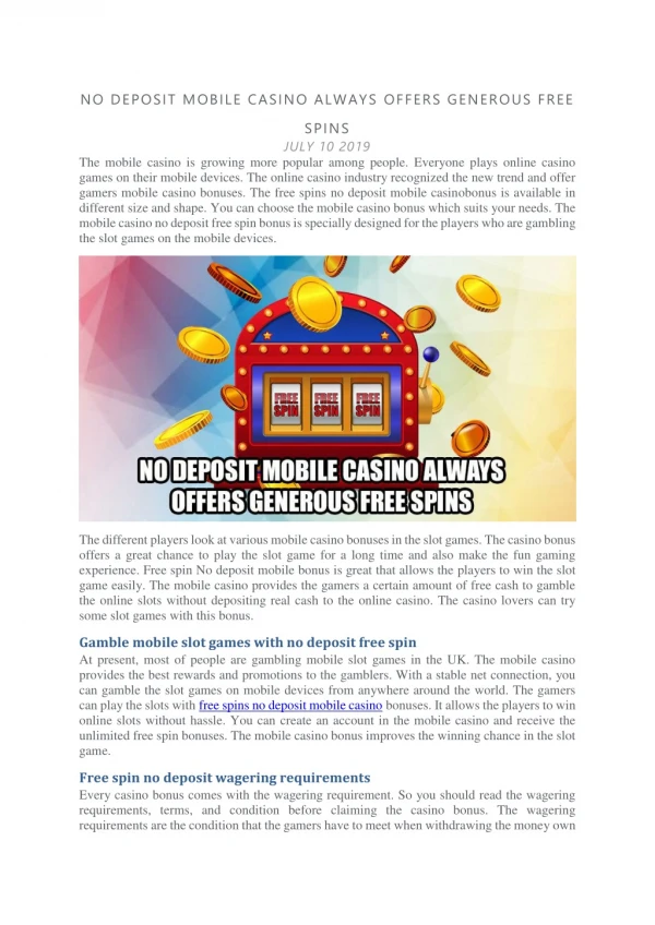 No Deposit Mobile Casino Always Offers Generous Free Spins