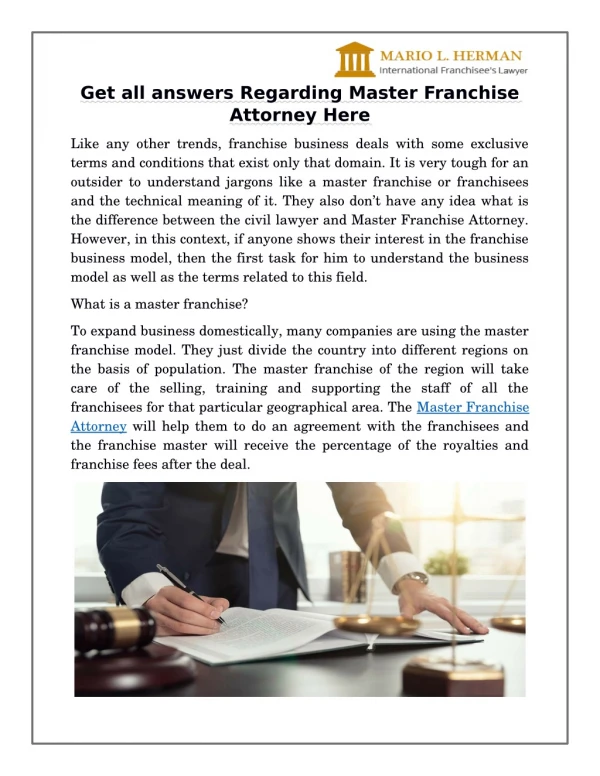 Get all answers Regarding Master Franchise Attorney Here