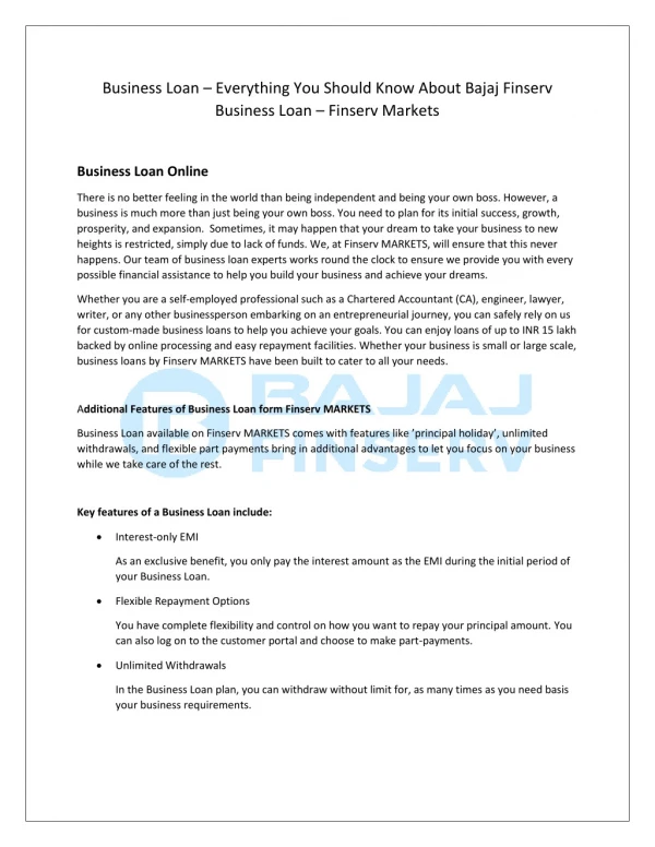 Business Loan - Everything You Should Know About Bajaj Finserv Business Loan - Finserv Markets