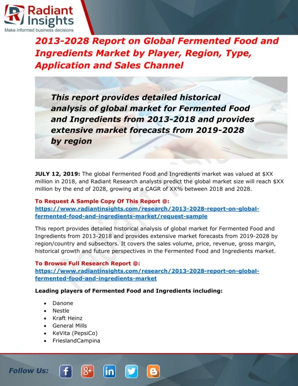 Fermented Food and Ingredients Market-Latest Insights on Trends and Challenges 2019