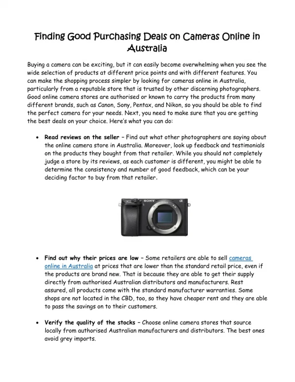 Finding Good Purchasing Deals on Cameras Online in Australia