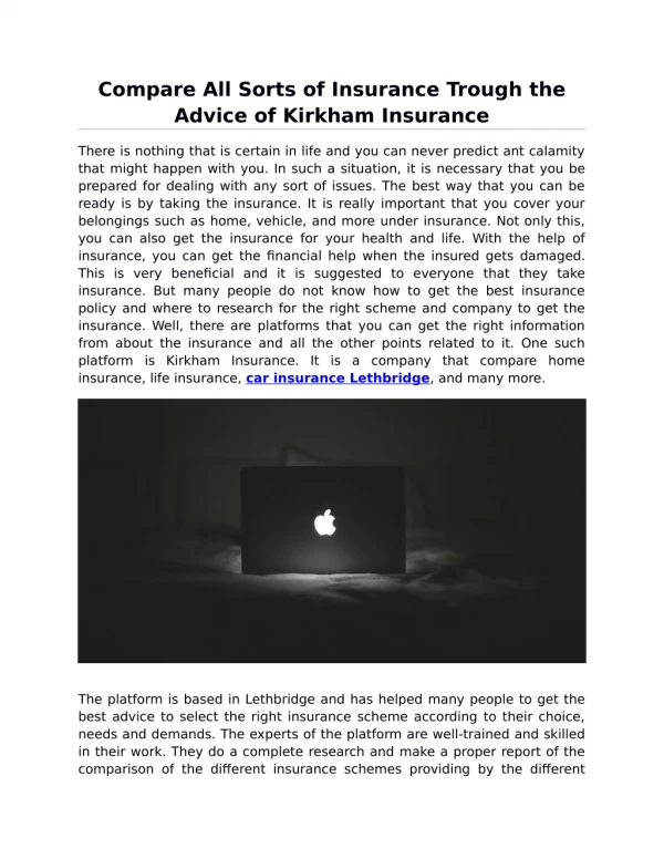 Compare All Sorts of Insurance Trough the Advice of Kirkham Insurance