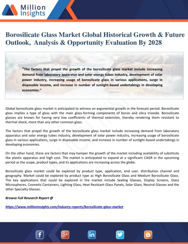 Borosilicate Glass Market Global Historical Growth & Future Outlook, Analysis & Opportunity Evaluation By 2028