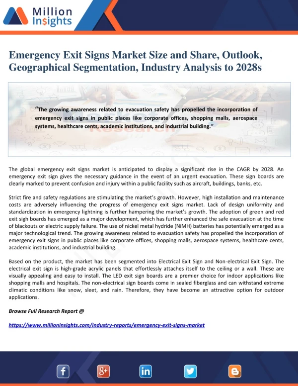 Emergency Exit Signs Market Size and Share, Outlook, Geographical Segmentation, Industry Analysis to 2028