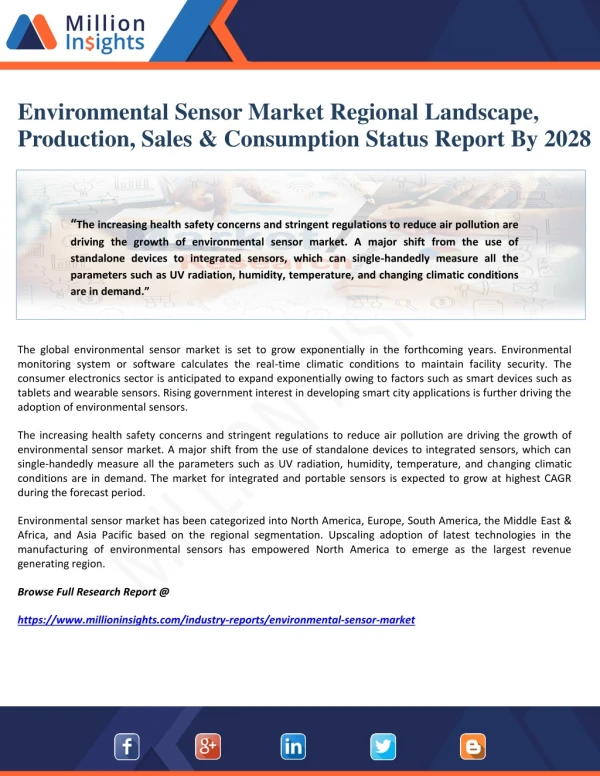 Environmental Sensor Market Regional Landscape, Production, Sales & Consumption Status Report By 2028