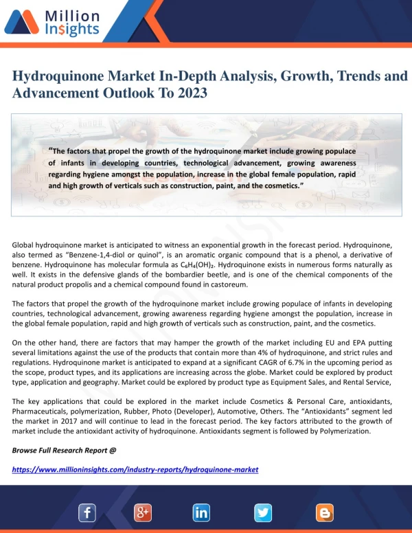 Hydroquinone Market In-Depth Analysis, Growth, Trends and Advancement Outlook To 2023