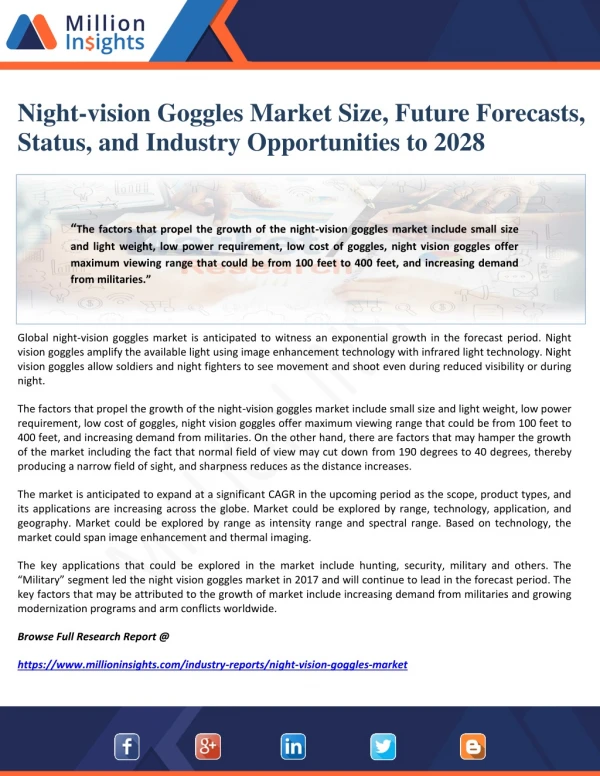 Night-vision Goggles Market Size, Future Forecasts, Status, and Industry Opportunities to 2028