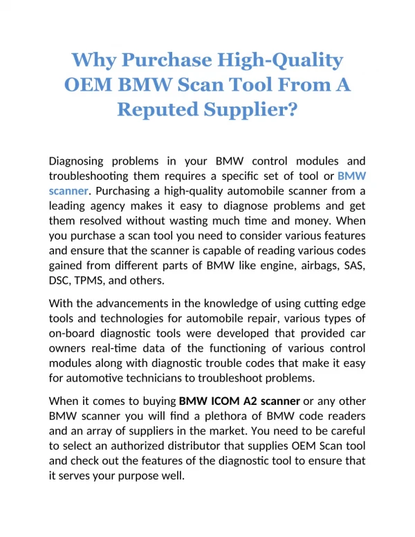 Why Purchase High-Quality OEM BMW Scan Tool From A Reputed Supplier?