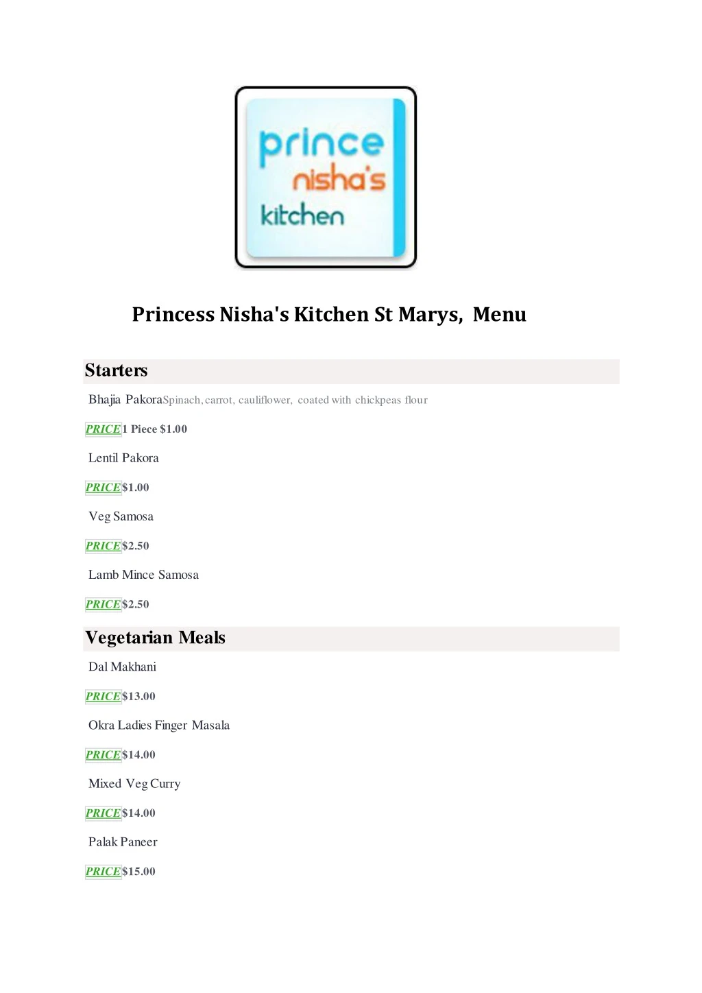 princess nisha s kitchen st marys menu