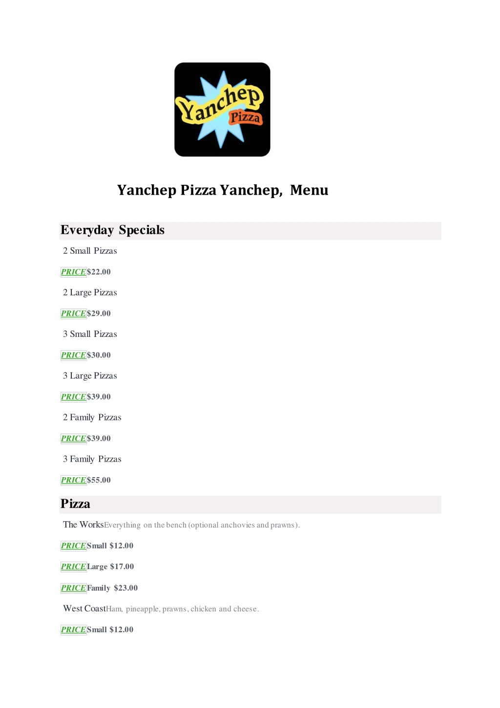 yanchep pizza yanchep menu