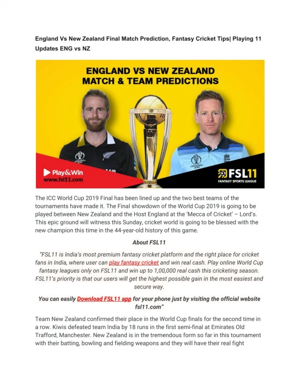 England Vs New Zealand Final Match Prediction, Fantasy Cricket Tips| Playing 11 Updates ENG vs NZ
