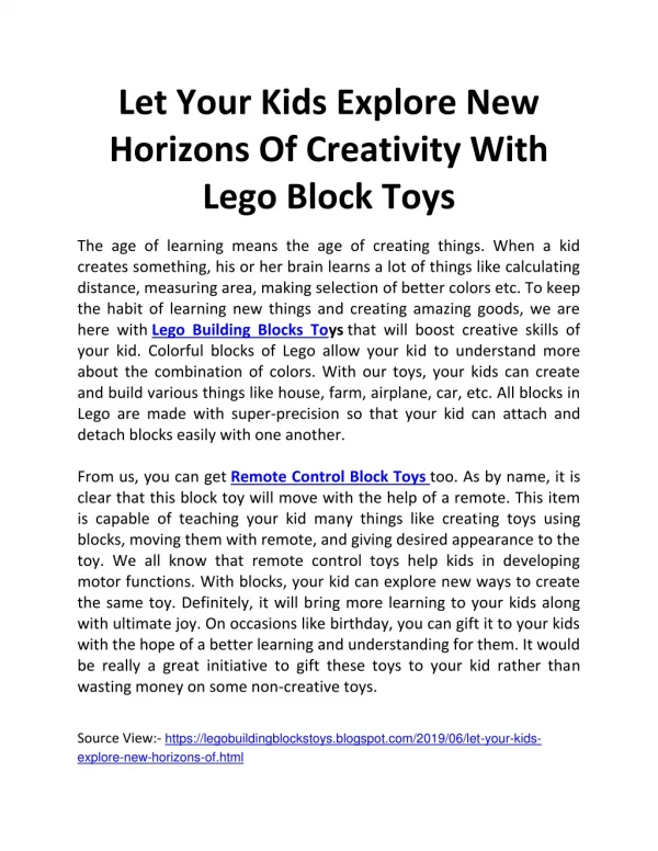 Let Your Kids Explore New Horizons Of Creativity With Lego Block Toys