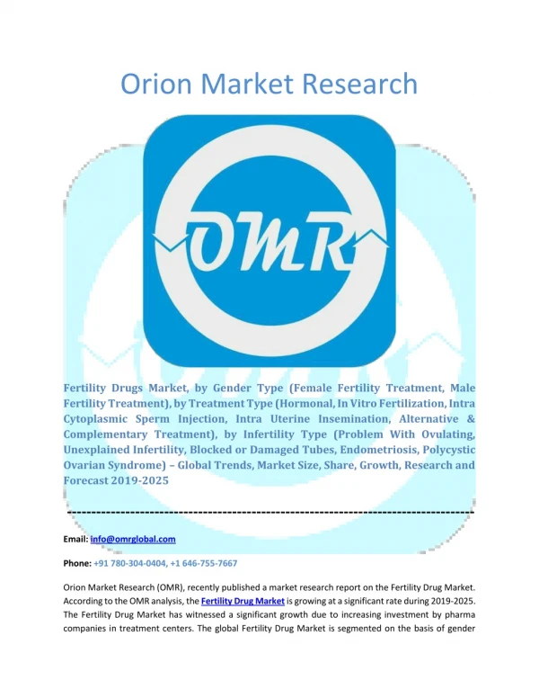 Fertility Drug Market Industry Size, Global Trends, Growth, Opportunities, Market Share and Market Forecast 2019 to 2025