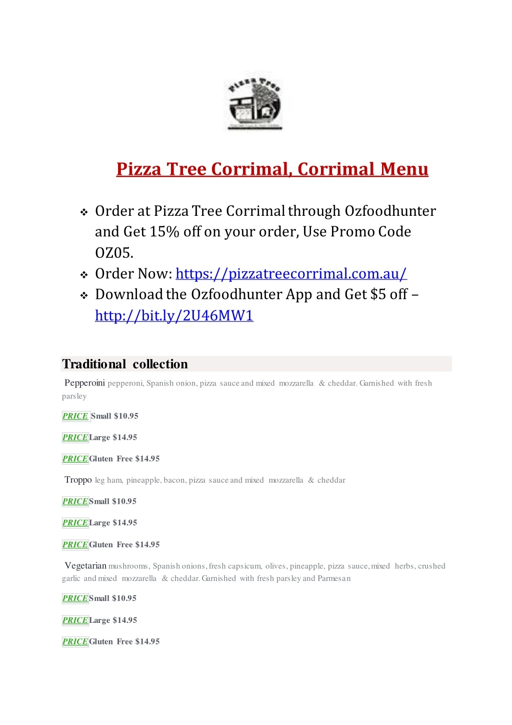 pizza tree corrimal corrimal menu order at pizza