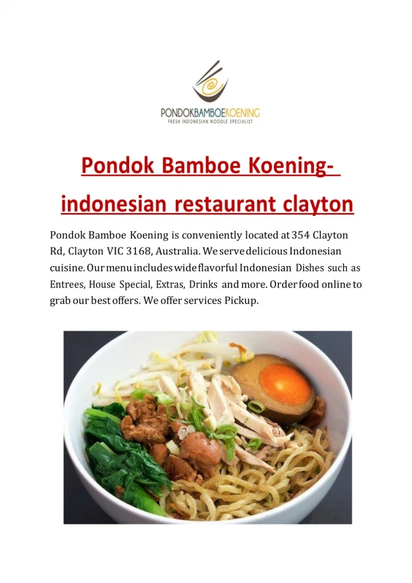 Pondok Bamboe Koening - Order Indonesian food delivery and takeaway online