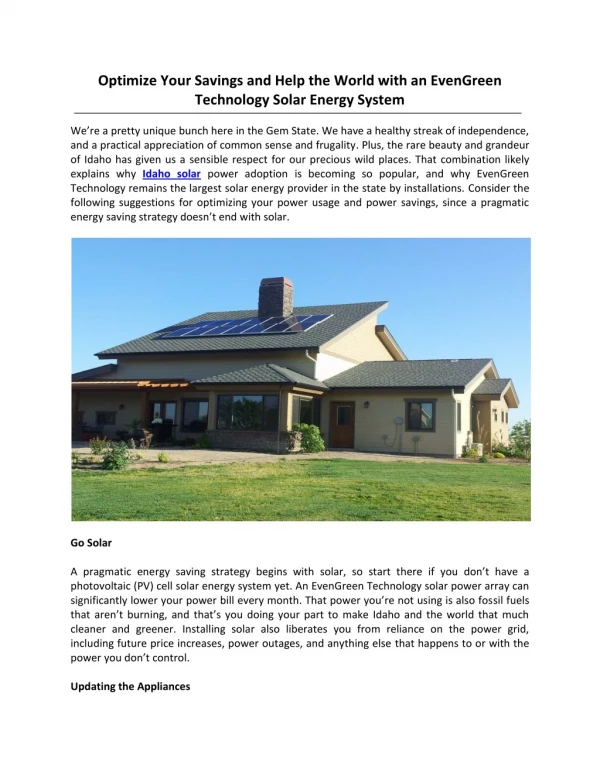 Optimize Your Savings and Help the World with an EvenGreen Technology Solar Energy System