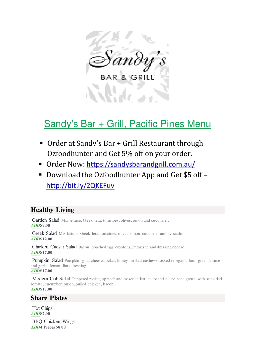 sandy s bar grill pacific pines menu