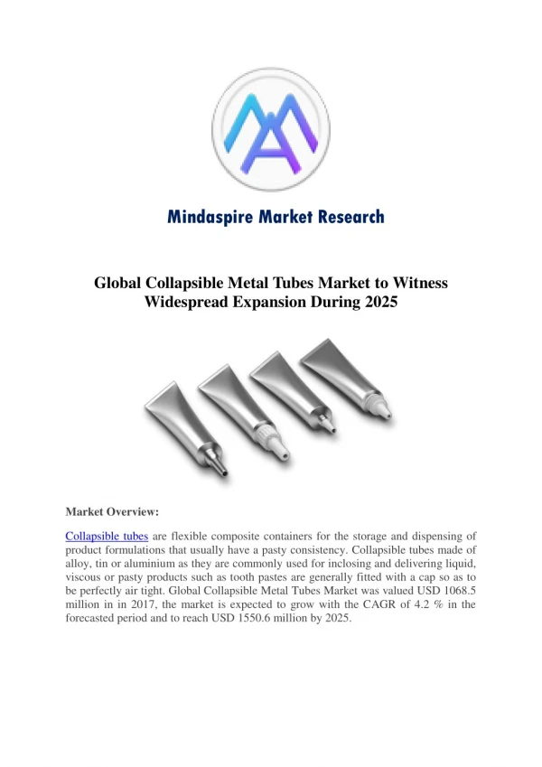 Global Collapsible Metal Tubes Market to Witness Widespread Expansion During 2025