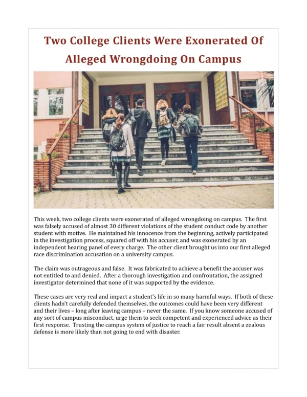 Two College Clients Were Exonerated Of Alleged Wrongdoing On Campus